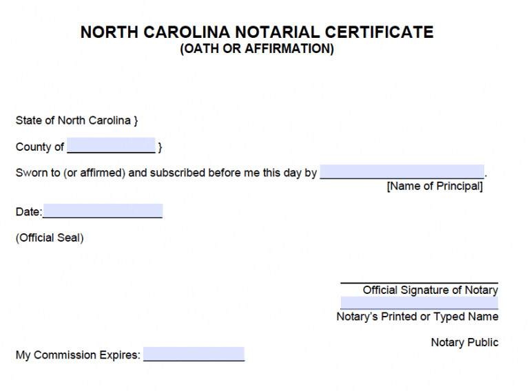 Free North Carolina Notarial Certificate – Oath or Affirmation - PDF - Word