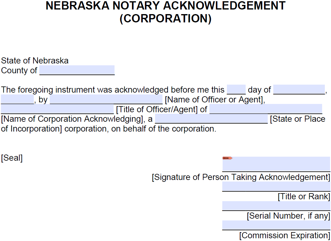Free Nebraska Notary Acknowledgement Corporation PDF Word