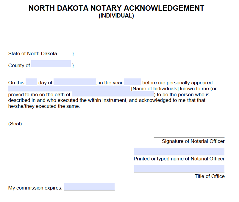 Free North Dakota Individual Notary Acknowledgement - PDF - Word