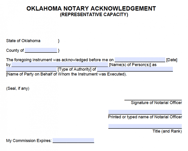 Free Oklahoma Notary Acknowledgement Representative Capacity Pdf Word 6317