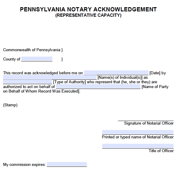 Free Pennsylvania Notary Acknowledgement – Representative - PDF - Word