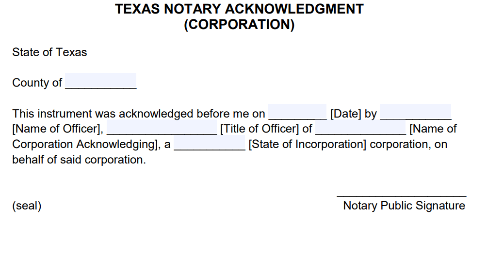 Free Texas Notary Acknowledgement Corporation PDF Word