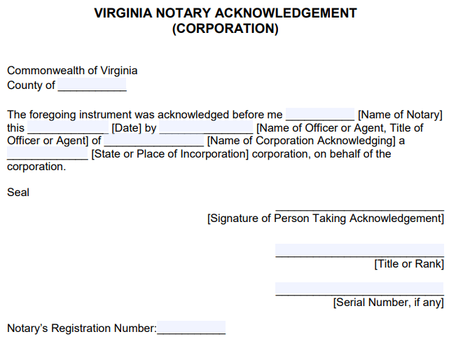 Free Virginia Notary Acknowledgement Corporation Pdf Word 1754